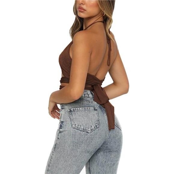 Brown Multi Way Wrap Halter Crop Top Backless Sexy Cutout Bandage Y2K Top - Picture 5 of 5
